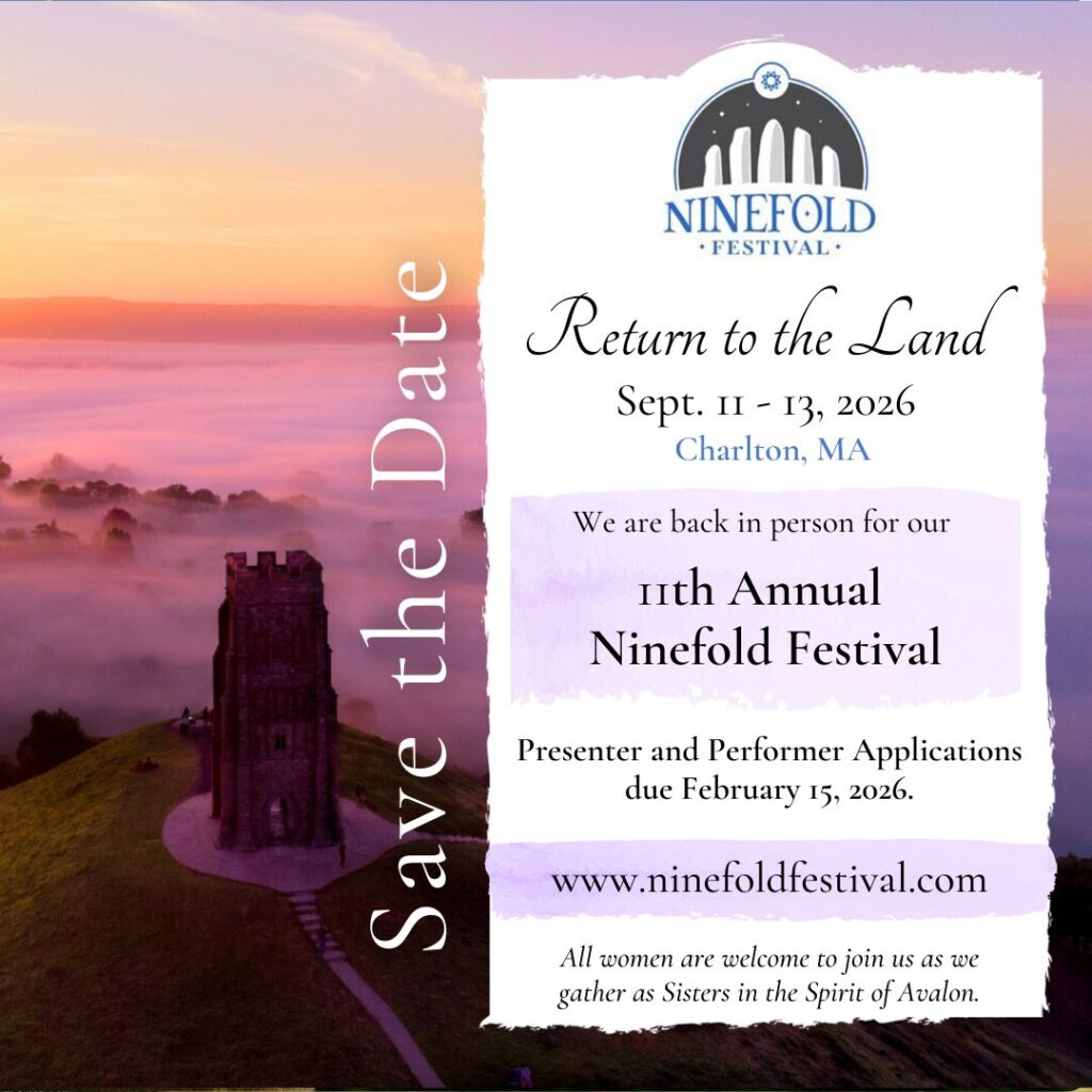 Photo of the remnants of St Michael's church atop Glastonbury Tor surrounded by fog on a bright sunny morning, purples, yellows, white, green land