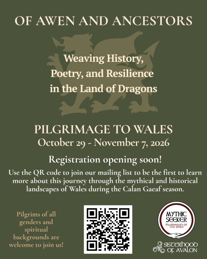 2026 Wales Pilgrimage Of Awen and Ancestors - sign up flyer - olive green with a lt. green Welsh dragon graphic